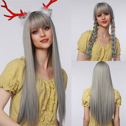 New wigs long straight hair wig headgear gradient gray high temperature wire