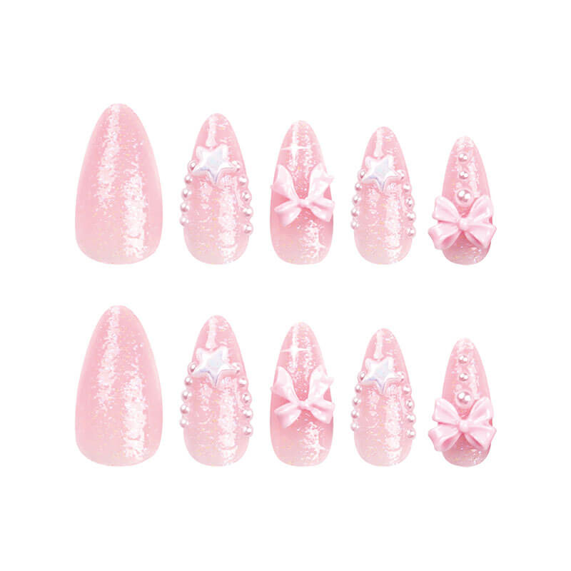 Nail art cute pink bow manicure fake nails glitter pearl nails 24pcs