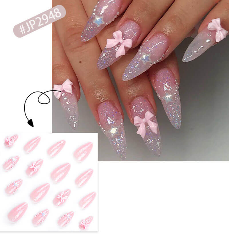 Nail art cute pink bow manicure fake nails glitter pearl nails 24pcs