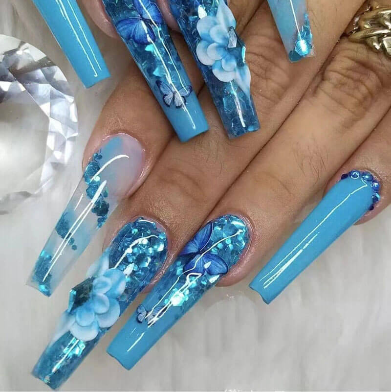 Ballerina nail false nails blue butterfly long reusable nail art 24pcs