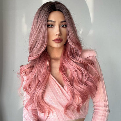 Pink gradient wigs long curly hair medium-parted wig headgear