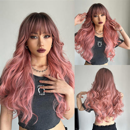 Pink gradient wigs long curly hair medium-parted wig headgear