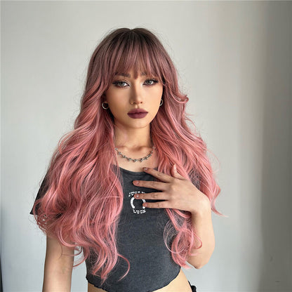 Pink gradient wigs long curly hair medium-parted wig headgear