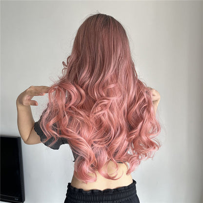 Pink gradient wigs long curly hair medium-parted wig headgear