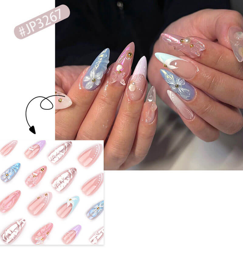 3D press on nail manicure butterfly flower diamond fake nails 24pcs