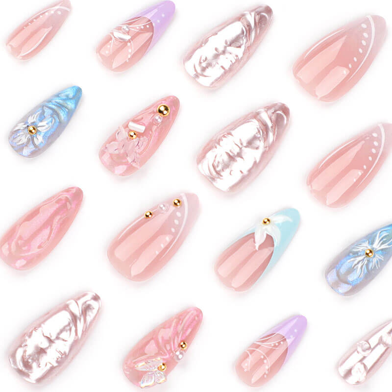 3D press on nail manicure butterfly flower diamond fake nails 24pcs