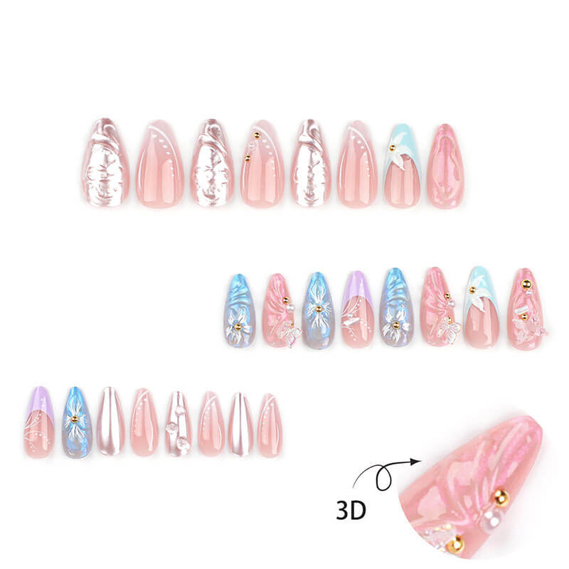 3D press on nail manicure butterfly flower diamond fake nails 24pcs