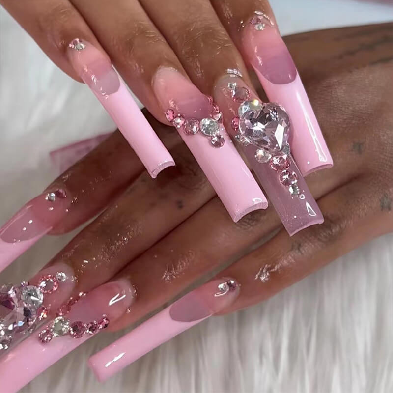 Fake nails press on nails long full cover coffin 3D rhinestones