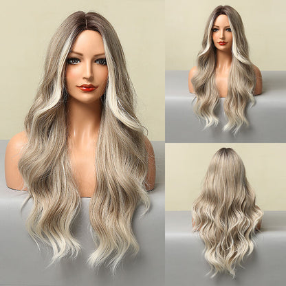 Fashion lady wigs large waves long curly hair natural gray full head