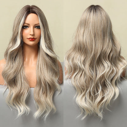 Fashion lady wigs large waves long curly hair natural gray full head