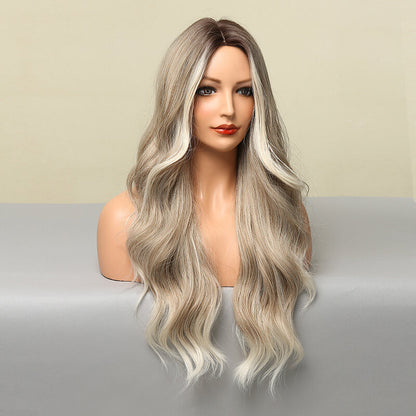 Fashion lady wigs large waves long curly hair natural gray full head