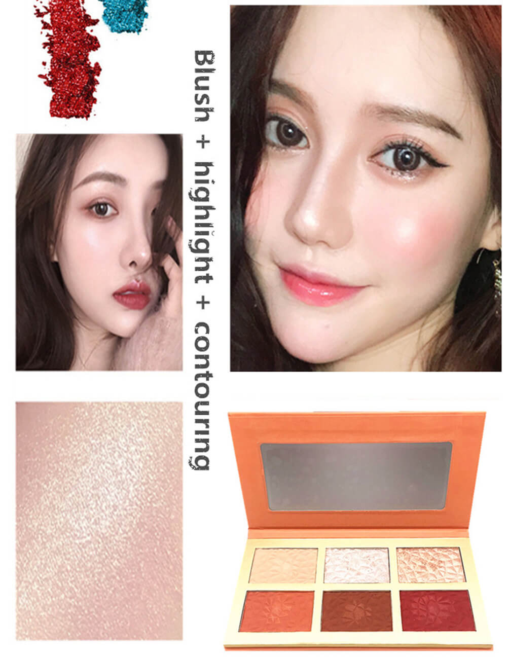 6 color highlighter blush palette high pigmented waterproof